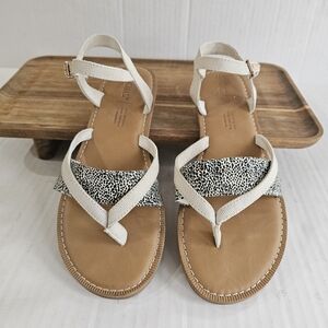 Toms Lexie Sandals Size 6.5 Cream Canvas Mini Leopard Print Strappy Thong Style